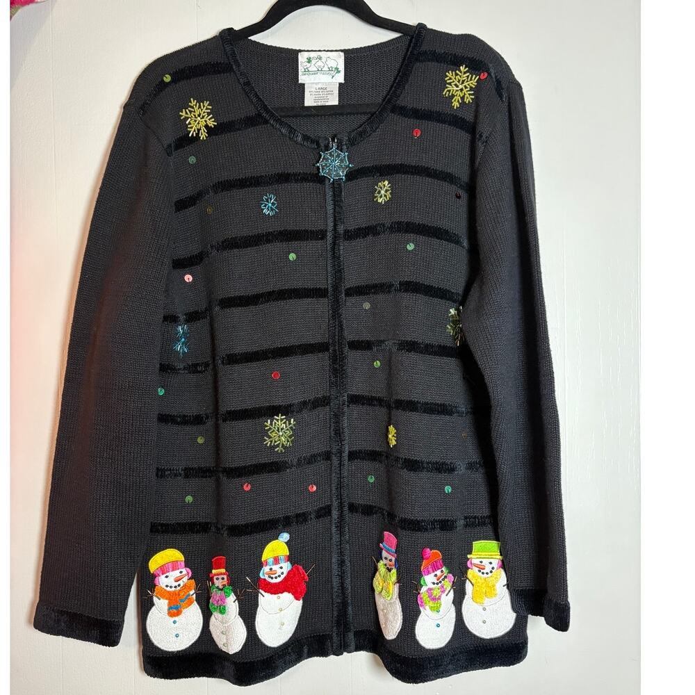 Quacker Factory Large Zip Front Beaded Snowman Cardigan Sweater